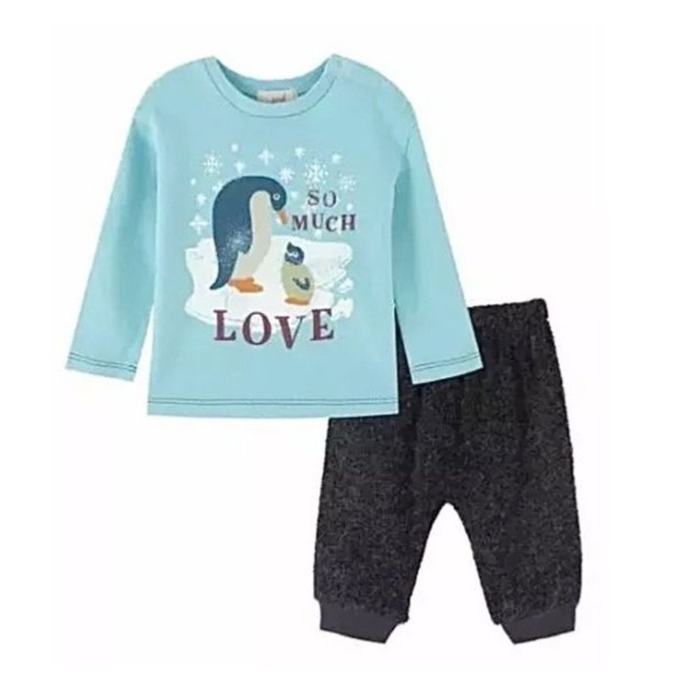 Peek Blue & Navy “So Much Love” Long Sleeve Penguin Graphic Outfit Size 3-6M